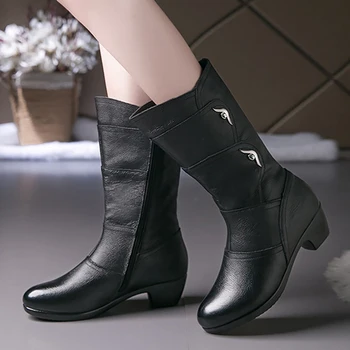 2020 Black Velike velikosti 41 42 Usnjeni Škornji ženske Prijetno Zadrgo Mid-tele škornje Gume za ženske Windpoof Pomlad Zimski čevlji