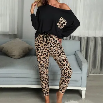 2020 Jeseni Nove Priložnostne Leopard Žensk Domov Oblačila Modni O-vratu Dolge Rokave Svoboden Pajama Določa