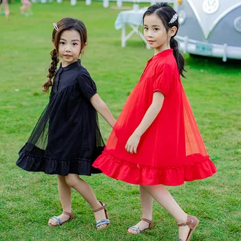 2020 Poletje puff rokav Vintage Obleko Dekle Malčka Bombaž Rdeča Črna Stranka Obleko Ruffle Čipke Princesa Frocks Cute Teens Oblačila