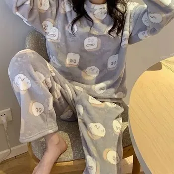 2020 Pozimi Flanela Toplo Pižamo Korejski Kawaii Risanka Pajama Določi Modni Pijama Mujer Prosti Čas Doma Krpo Pyjama Ženske Sleepwear