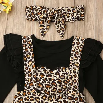 2021 Jeseni Newborn Baby Dekleta Obleko, Obleko Modne Ruffle Leopard Tiskanja Romper Vrhovi+Suspender Krila+Glavo 3PCS Oblačila, ki