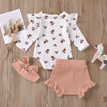 3Pcs Newborn Baby Dekle Ruffle Obleke Komplet za Malčke Dolg Rokav Cvetlični Obleka, Barva Hlače Lok Glavo Obleke Set