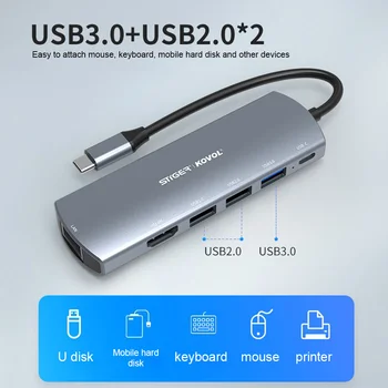 6-v-1 Vrata Tip-C Priklopne Postaje USB-C za PD HDMI USB3.0 RJ45 Adapter za Ločevanje Tip C Središče za Prenosni RAČUNALNIK Mac HUB Razdelilnik