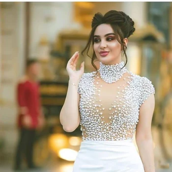 Dubaj Beaded Maturantski Obleki Beli Visoko Vratu Iluzijo, Glejte Skozi Skp Rokavi Formalno Večerne Obleke Gala Plus Velikost Stranka Obleke