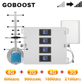 GOBOOST Štiri Band Signal Booster Gsm 2g 3g 4g Cellurlar Ojačevalnik 800 900 1800 UMTS 2100 MHz Vmesnik Z Anteno, 13M spiral