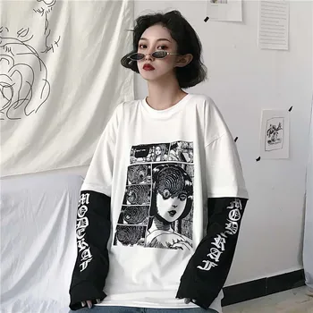 Harajuku Ženske T-shirt Ponaredek 2 Kosa Tiskanja Japonski Fujiang Groze Strip Long Sleeve Majica s kratkimi rokavi Ženske Vetement Femme 2020