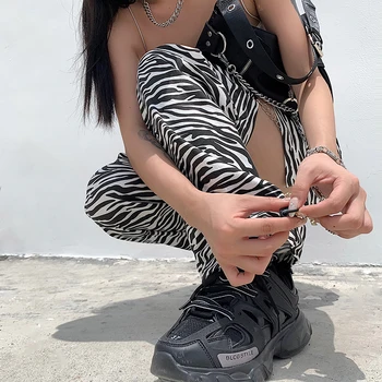 HEYounGIRL Votlih Iz Harajuku Visoko Pasu Hlače Ženske Priložnostne Živali Zebra Print Dolge Hlače Ženske z Verigami Punk Zadrgo