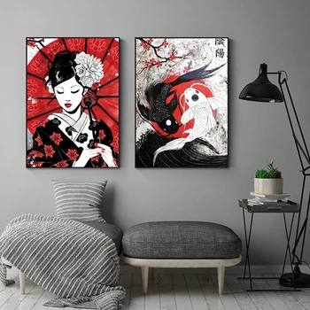 Japonski Gejša In Yin-Yang Ribje Olje Slikarstvo Na Platno Stensko Umetnosti Plakatov In Fotografij Samurai Sliko Za Dnevna Soba Dekoracijo