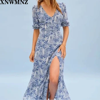 Moda Split Stranko žensk dress Vintage Modra Cvjetnim Tiskanja Poletje Obleko Seksi Šifon Kratek Rokav vestido