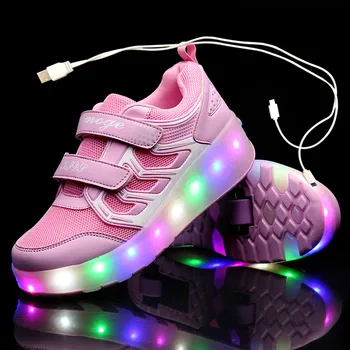 Nova Roza, Črna USB Polnjenje Moda Dekleta Fantje LED Luči Valjčni Skate Čevlji Za Otroke, Otroci Superge S Kolesi, Dve kolesi