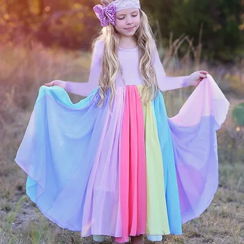 Novo Modno Jesen Zima Mavrica Dolg Rokav Bombaž Barva Blok Srčkan Baby Dekle Bombaž Stranke Obleke za Otroke, Dekleta Princesa Obleko