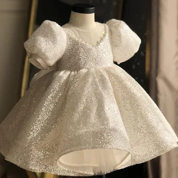 Novo Sequins Belo Obleko za Dekle Krstni Stranka Dojenčka Obleke Rojstni dan Večerno Obleko Velik Lok Princesa Poročno Baby Girl Oblačenja