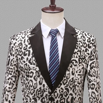 PYJTRL Moda Jacquardske Leopard Vzorec Slim Fit Priložnostne Plašč Blazer Moški Veste Homme Kostum Pevcev Suknjič Oblačila