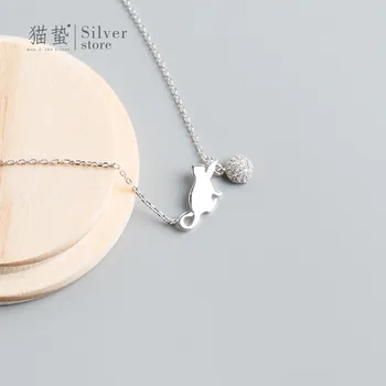 S925 sterling srebro mačka igra žogo ogrlica za ženske clavicle verige ins preprost, divji temperament za dekle rojstni dan darila