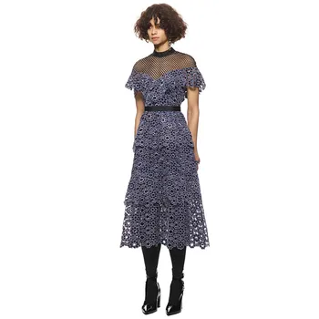 Self-Portrait jeseni nove ženske žamet vezene mozaik čipke krog vratu visoko pasu je tanka, split dolgo obleko vestidos
