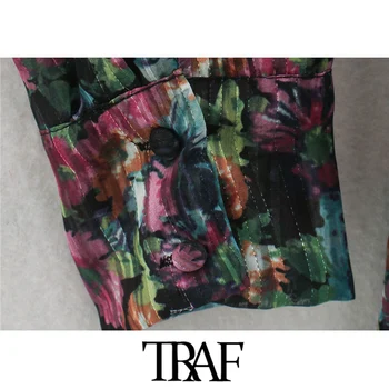 TRAF Ženske Elegantna Moda Cvjetnim Tiskanja Kovinski Navoj Mini Obleka Letnik Dolg Rokav Z Oblog Ženske Obleke Mujer
