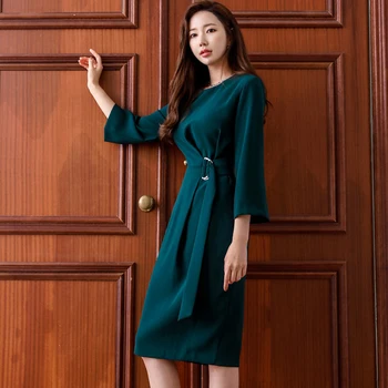 Zoki Tunika Ženske Obleke, Casual Moda Tri Četrtine Korejski O Vratu Midi Obleko Elegantno Jeseni Črto Stranka Dame Vestidos 2020