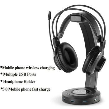 Befon Slušalke Stojala s 4 Vrata USB, Podporo 15W/10W Brezžično Polnjenje,Slušalke Držalo za Igralci računalniških iger RAČUNALNIŠKE Opreme Mizo