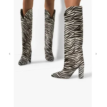 Evropski in Ameriški stil naravnost visoko Kolen Visoko ženske čevlje z žimo zebra vzorec debele pete, kolena visoki škornji