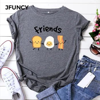JFUNCY 2020 Novo Bombaž Majica s kratkimi rokavi Ženske Poletje Kratek Rokav T-shirt Najboljši Prijatelji, Risanka Natisnjeni Ženski Tee Plus Velikost Ženske Vrhovi