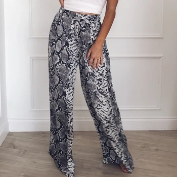 Novo 2019 ženske kača kožo vzorec širok noge hlače elastična visoko pasu gospe priložnostne ulične mode hlače mujer