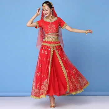 Noč čarovnic, Božič Ženske Uspešnosti Indijski Sari Obleko Bollywood Ples Trebuh Kostume Set (Top+pas+krilo+tančico+naglavni del)